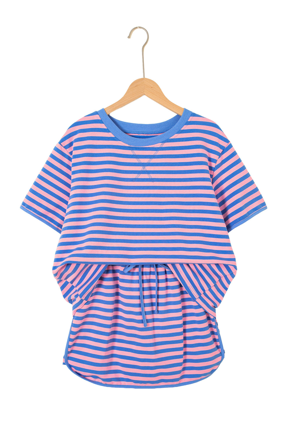 Pink Stripe Relaxed Short Sleeve Top Elastic Waist Drawstring Skort 2pcs Set