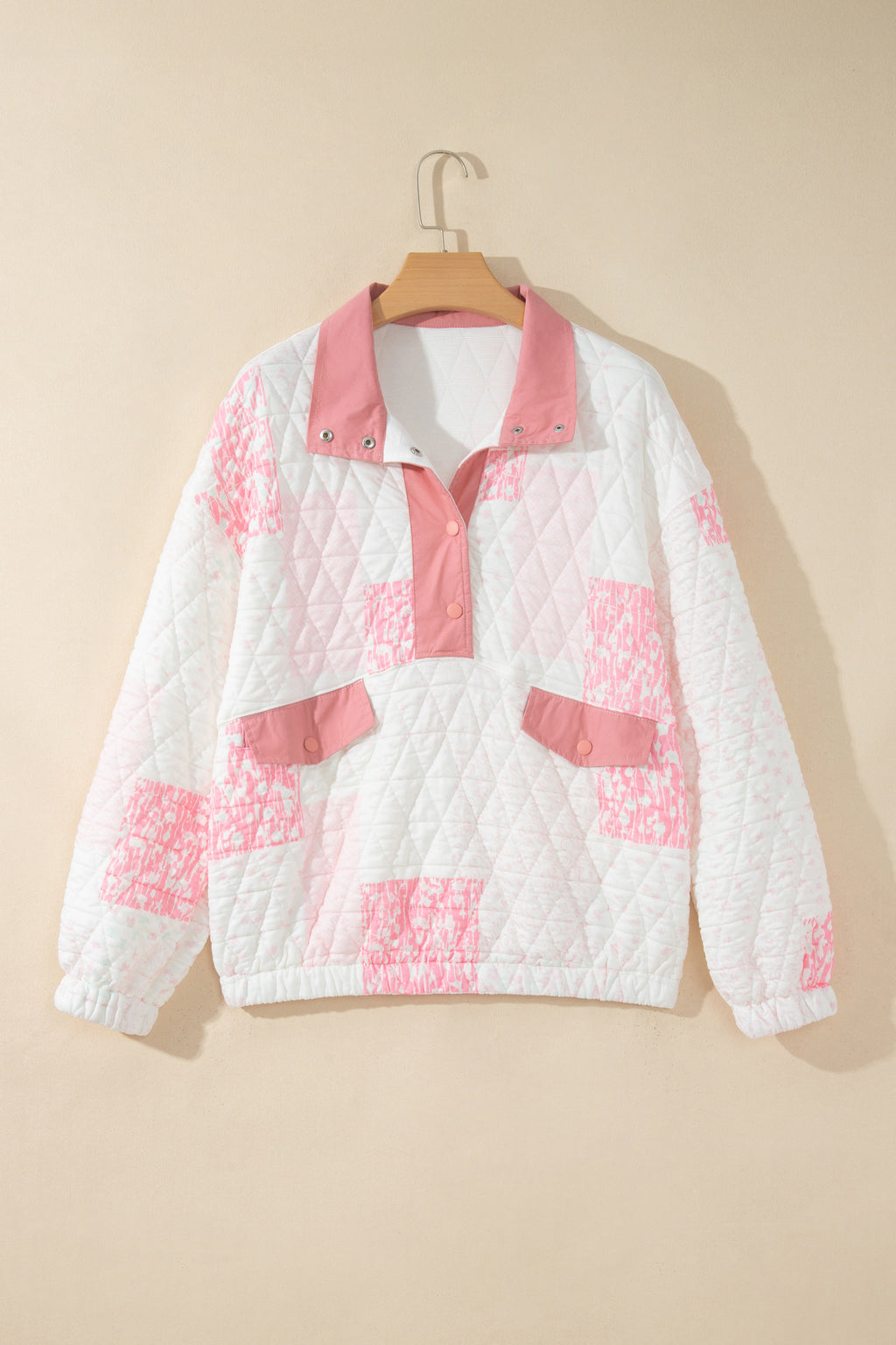 Floral Quilted Half Button Pocketed Pullover