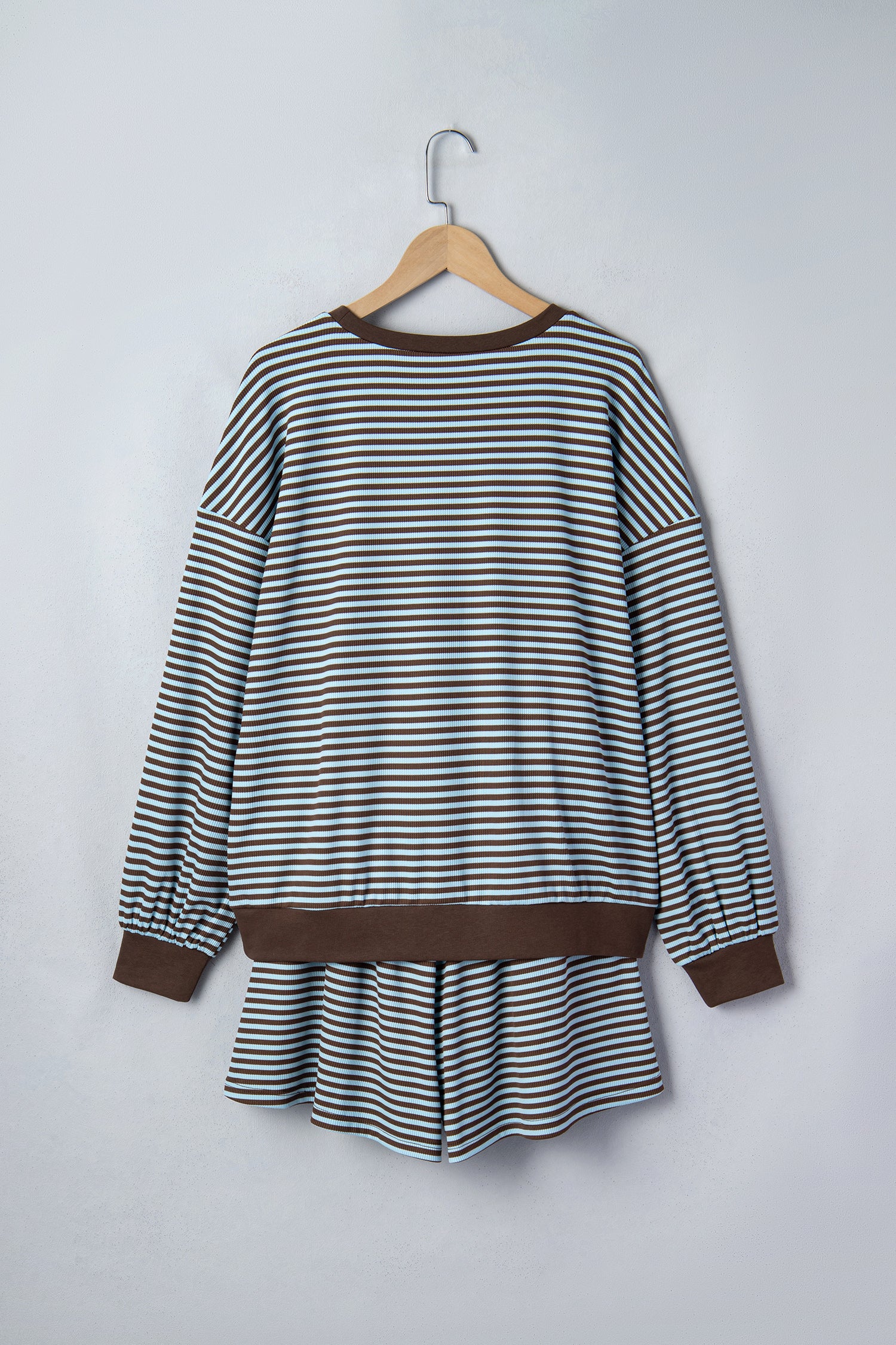 Brown Stripe Oversized Long Sleeve Top Drawstring Loose Shorts 2pcs Set