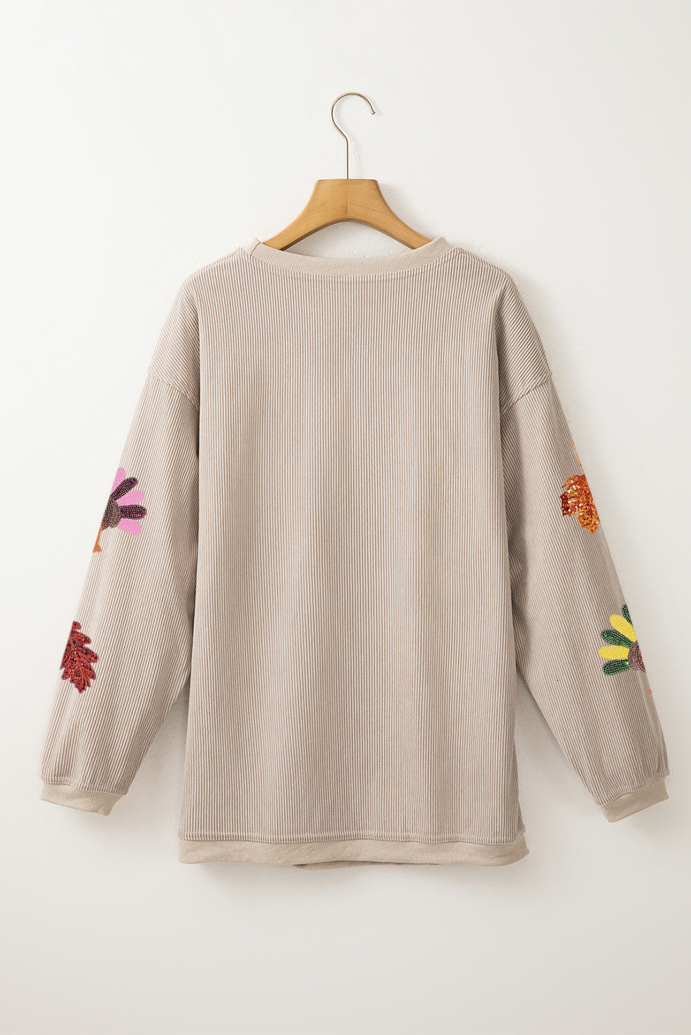 Smoke Gray 3D Ribbed Sequin Fall Leaf Turkey Graphic Baggy Sweatshirt