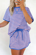 Pink Stripe Relaxed Short Sleeve Top Elastic Waist Drawstring Skort 2pcs Set