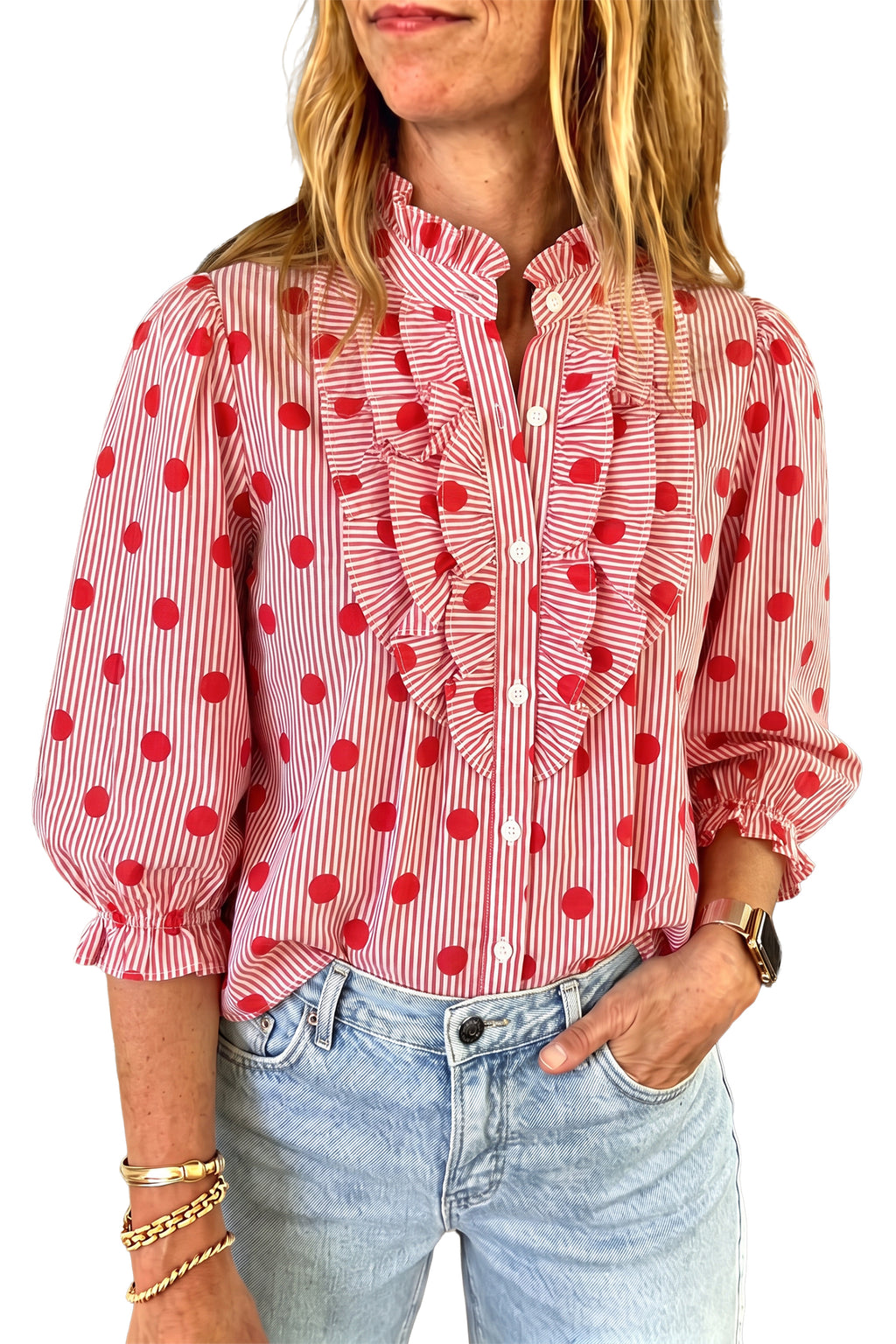 Polka Dot Stripe Ruffle Neck Top