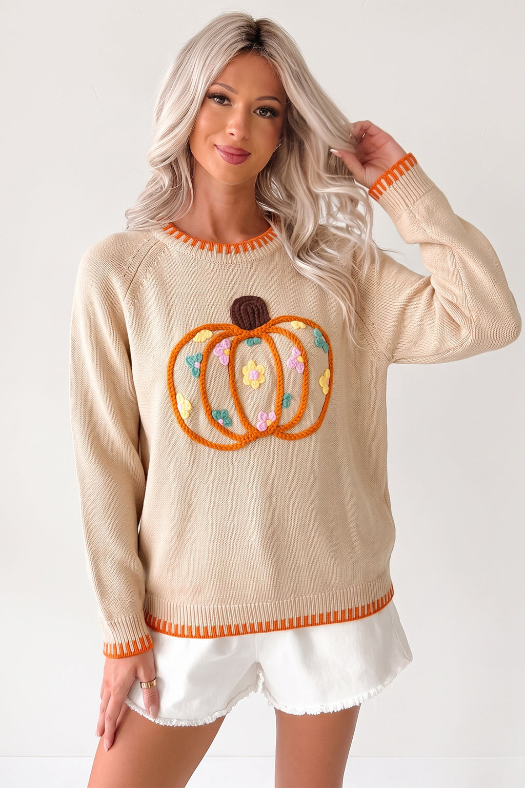 Embroidery Pumpkin Long Sleeve Round Neck Sweater