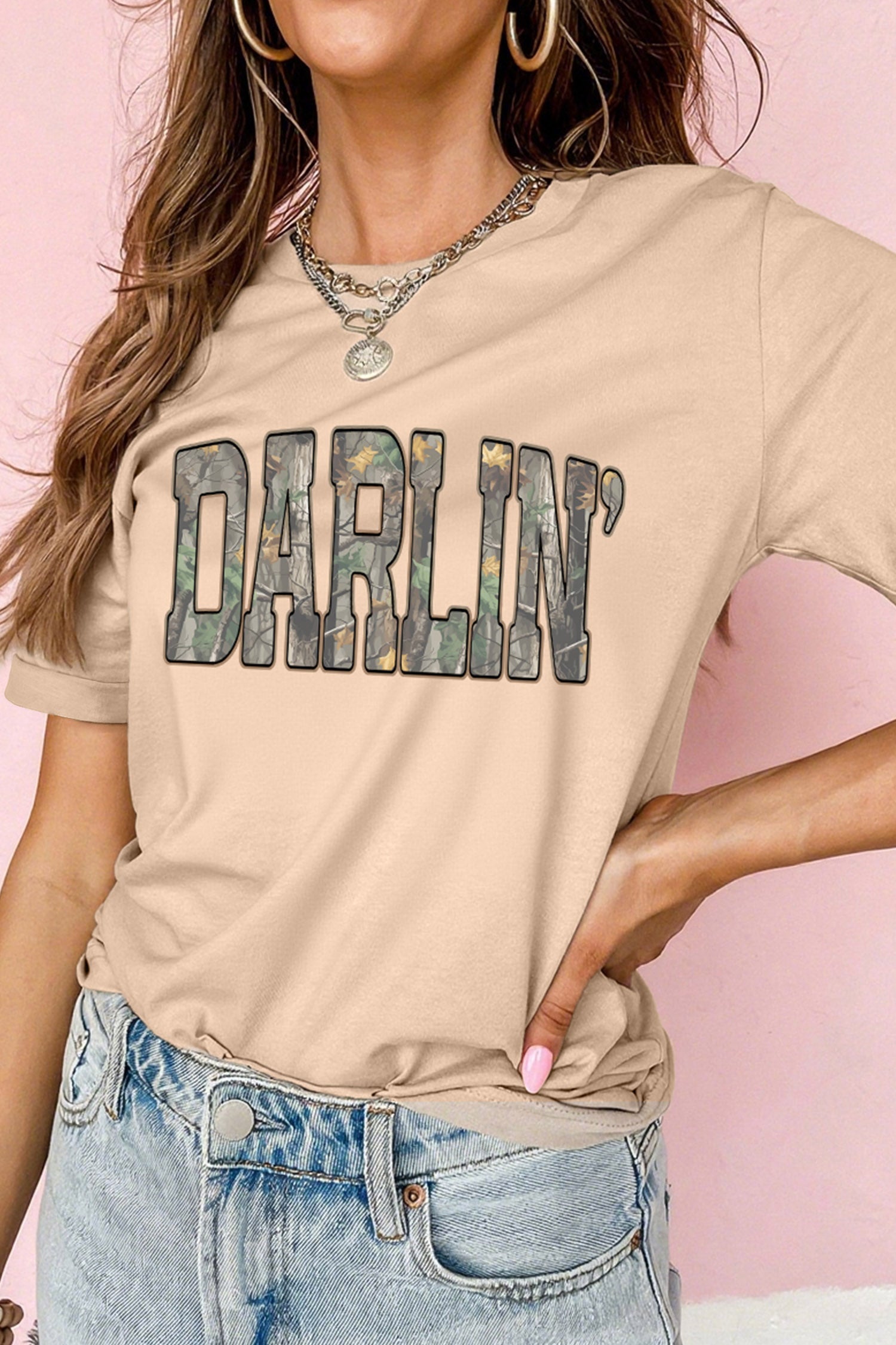 Khaki DARLIN Camo Letter Crewneck