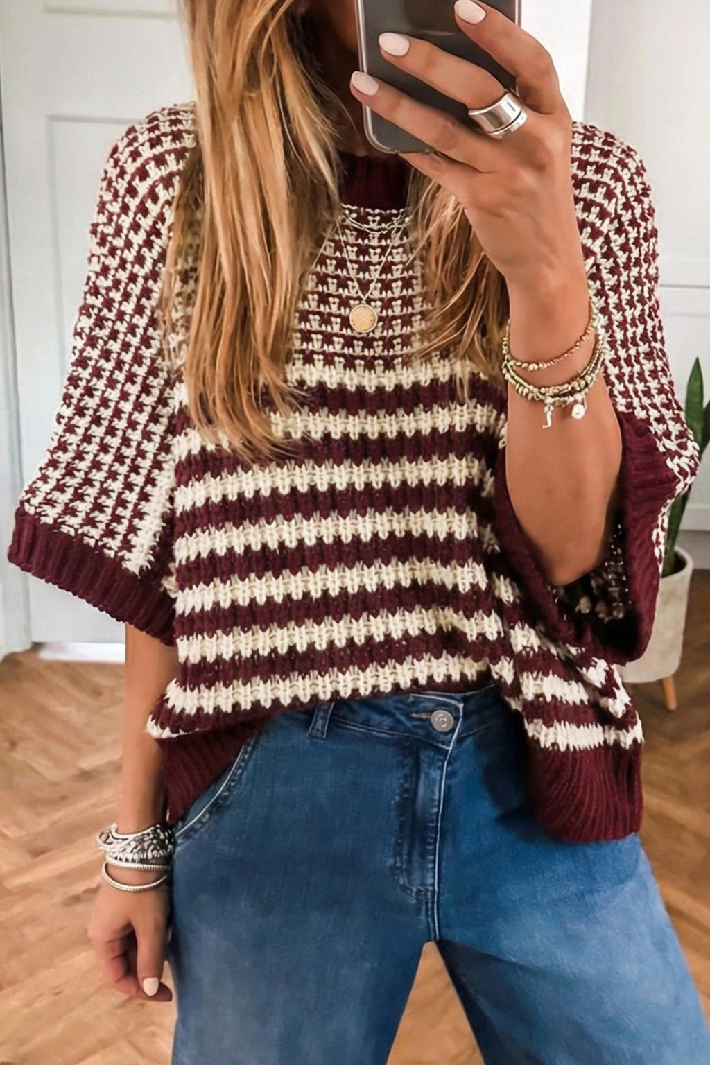 Black Stripe 3/4 Draped Sleeve Slouchy Sweater