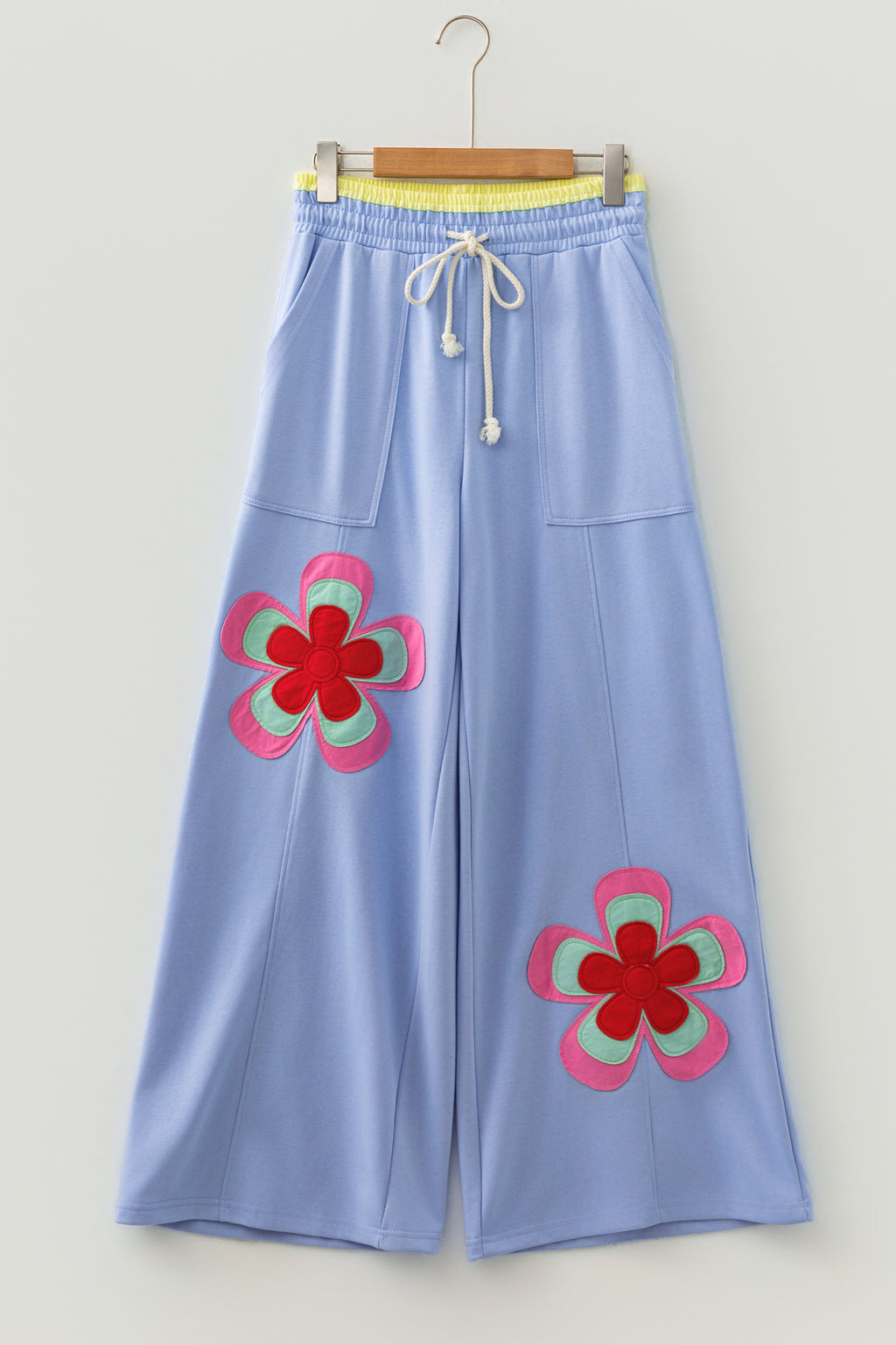 Block Flower Patchwork Drawstring Elastic Waist Wide Leg Pants