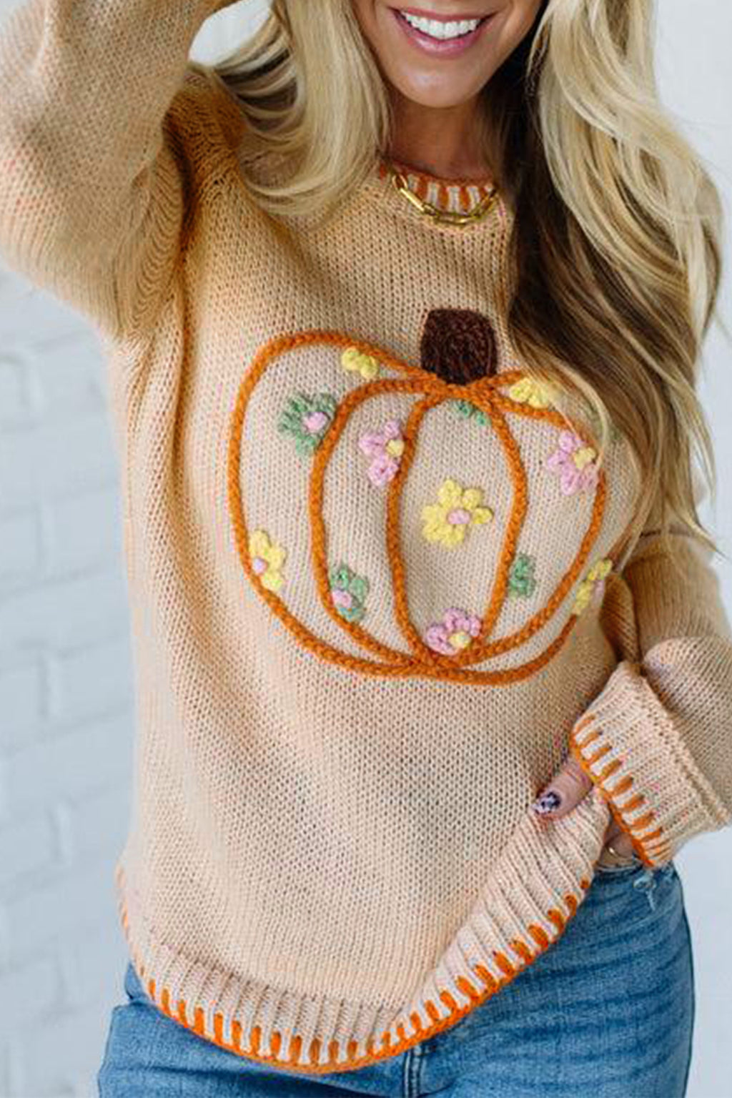 Embroidery Pumpkin Long Sleeve Round Neck Sweater