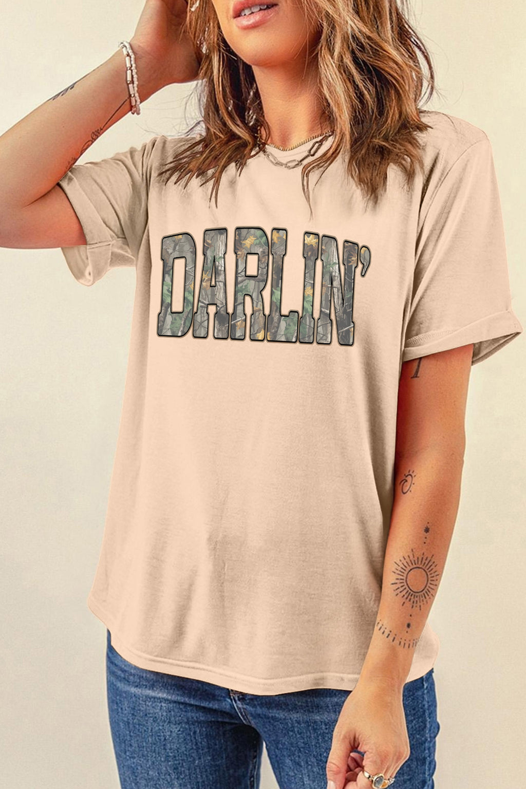 Khaki DARLIN Camo Letter Crewneck