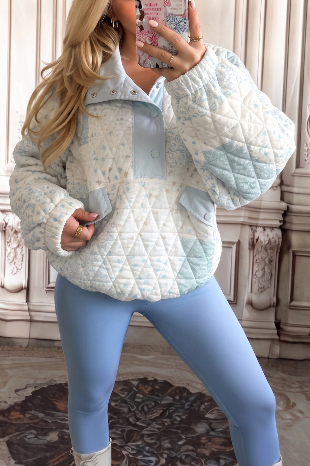 Floral Quilted Half Button Pocketed Pullover