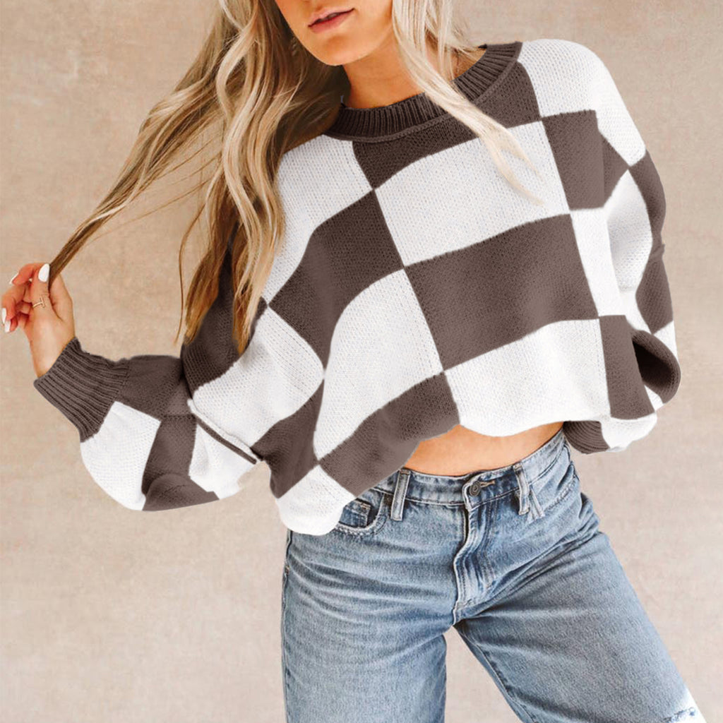 Pink Checkered Bishop Sleeve Sweater