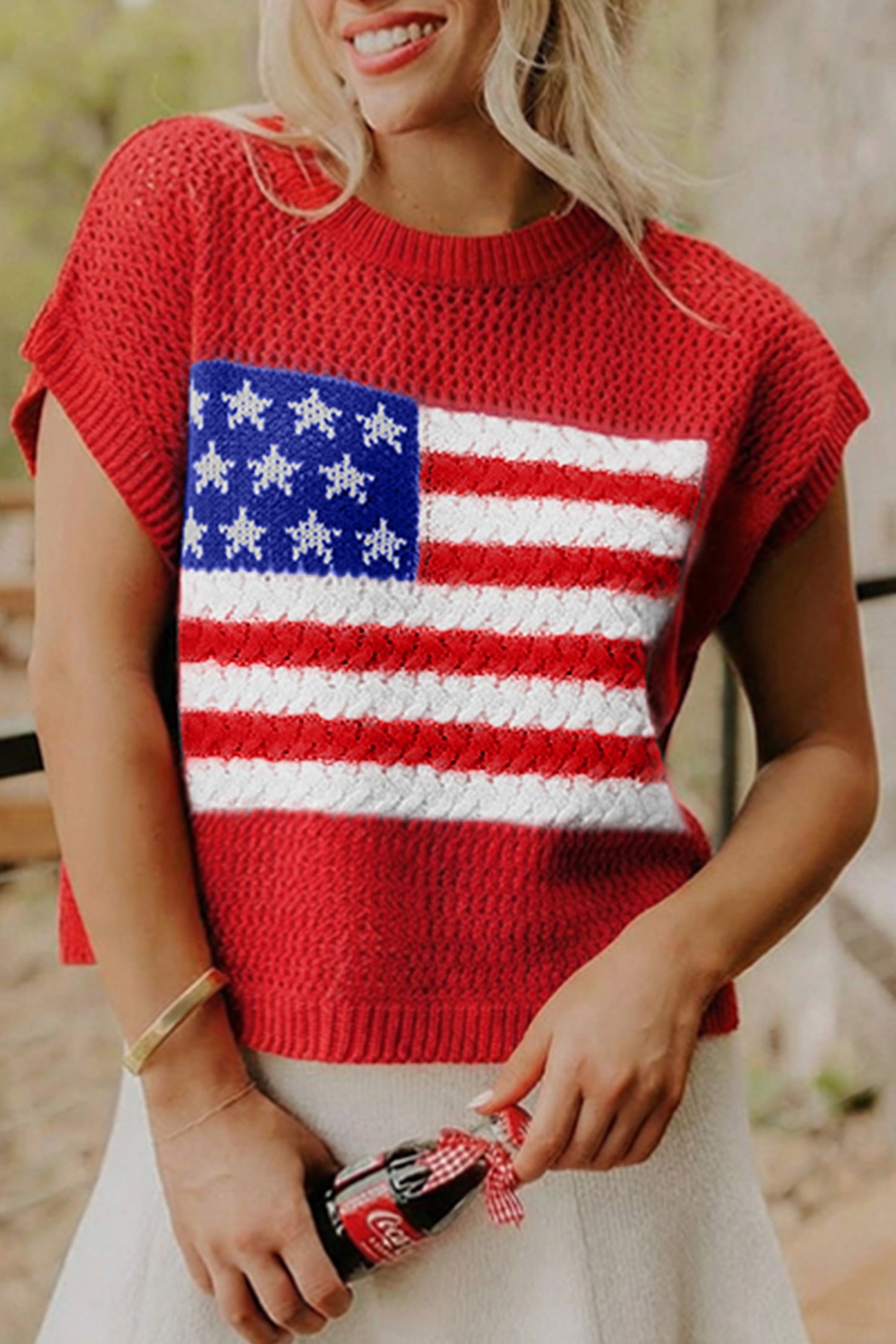 Sky Blue Flag Graphic Short Sleeve Sweater Top