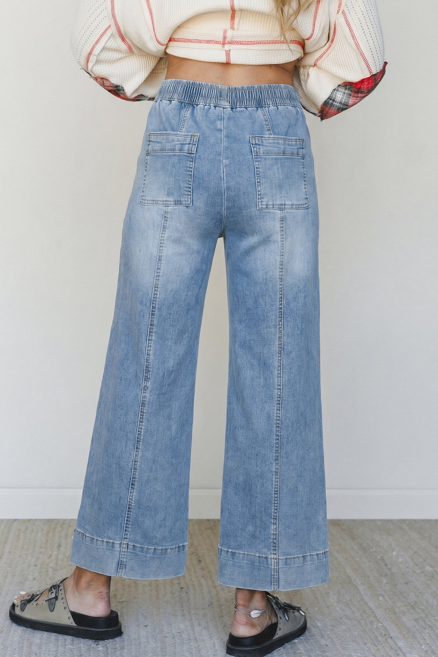 Beau Blue Drawstring Waist Wide Leg Ankle Length Jeans