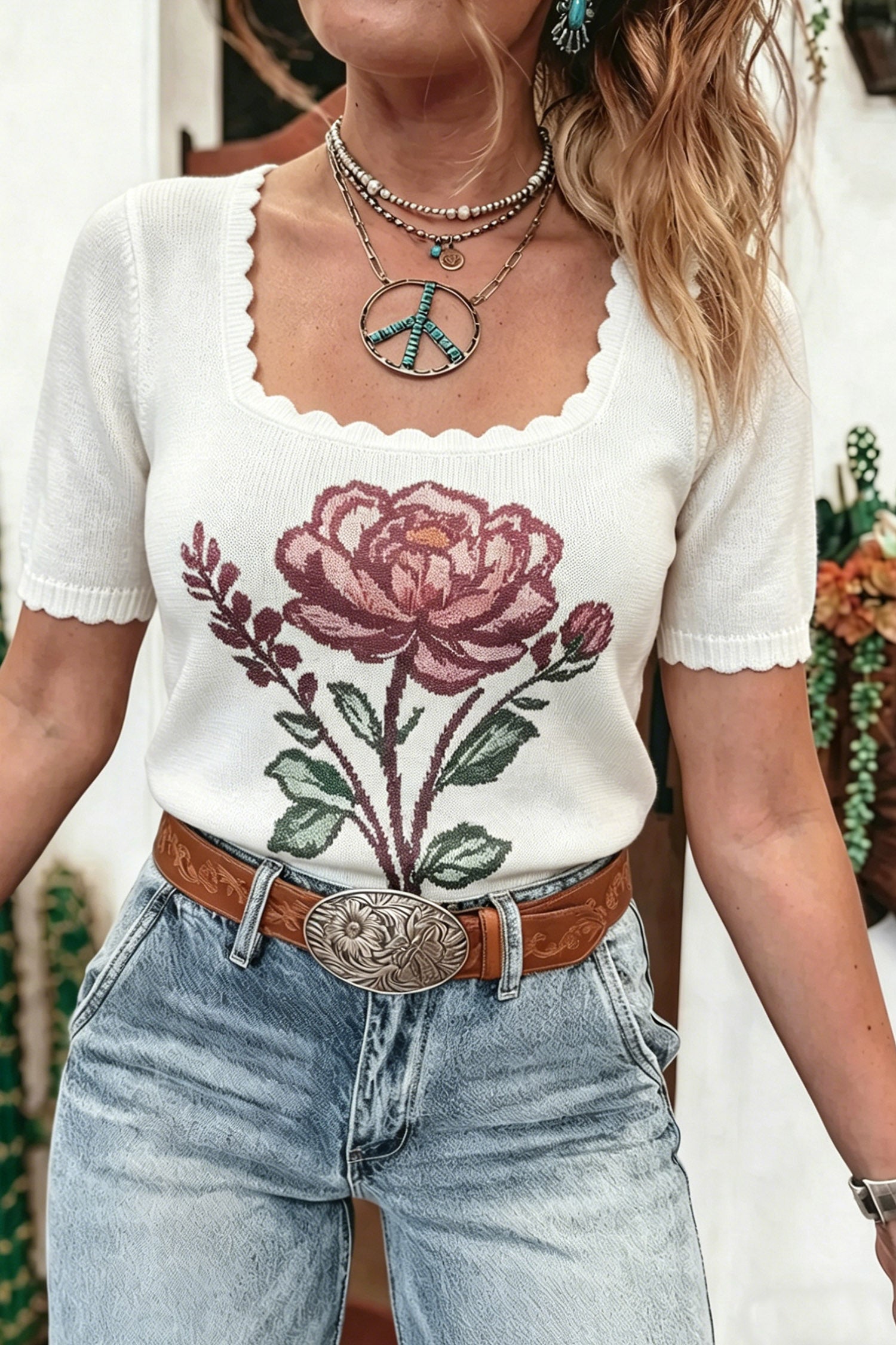 White Western Floral Print Short Sleeve Square Collar Knit Sweater